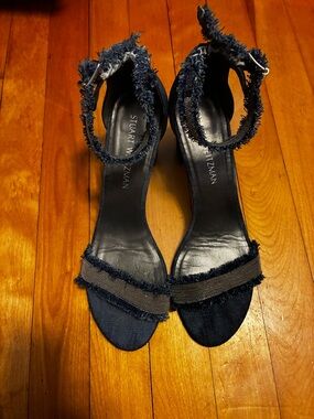Stuart Weitzman Navy Denim Frayed Ankle-Strap Heels size 9